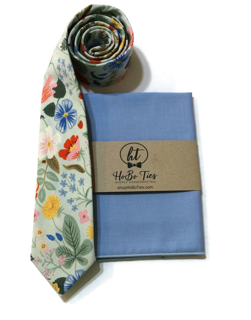 Mint Strawberry Fields Floral Necktie with matching pocket square and floral design.