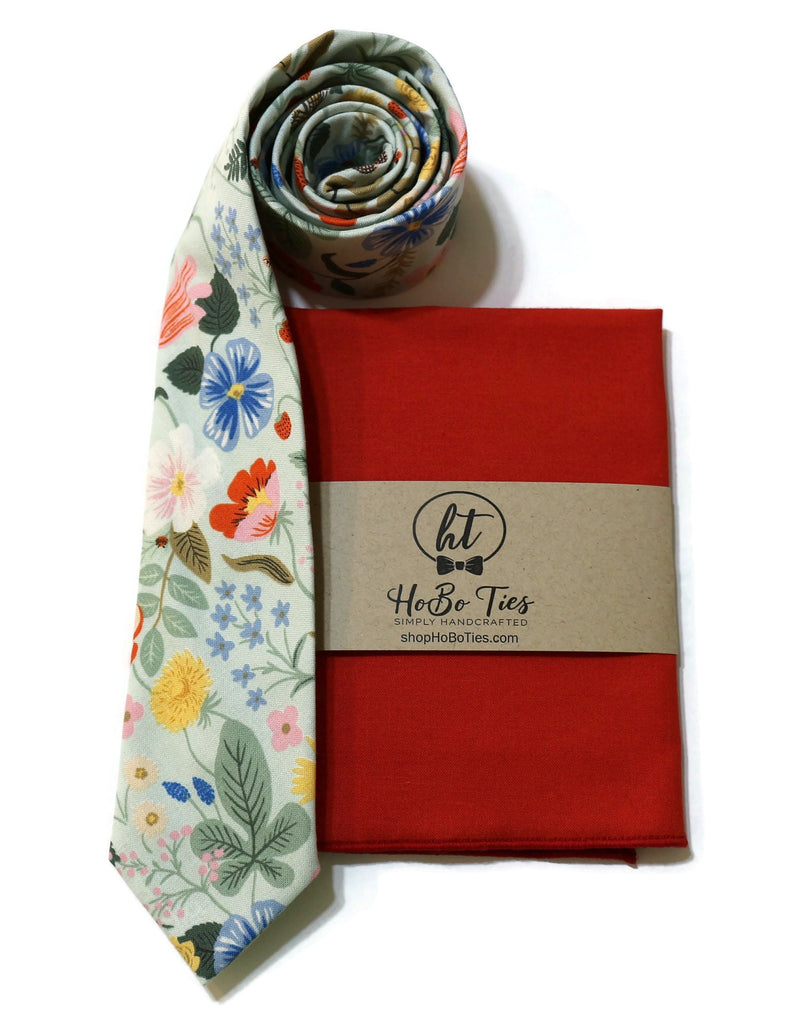 Mint Strawberry Fields Floral Necktie with matching pocket square, handmade men’s accessories USA, floral neckties.