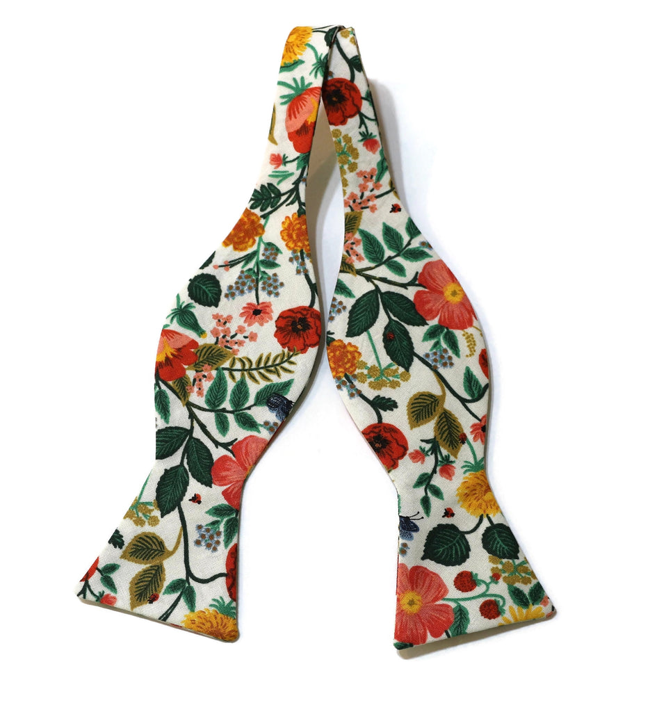 Cream Poppy Fields Floral Bow Tie - handcrafted neckties, unique floral patterns for men, perfect wedding accessories.
