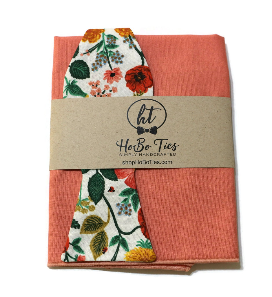 Cream Poppy Fields Floral Bow Tie paired with matching pocket square, perfect for men’s formal wear accessories.