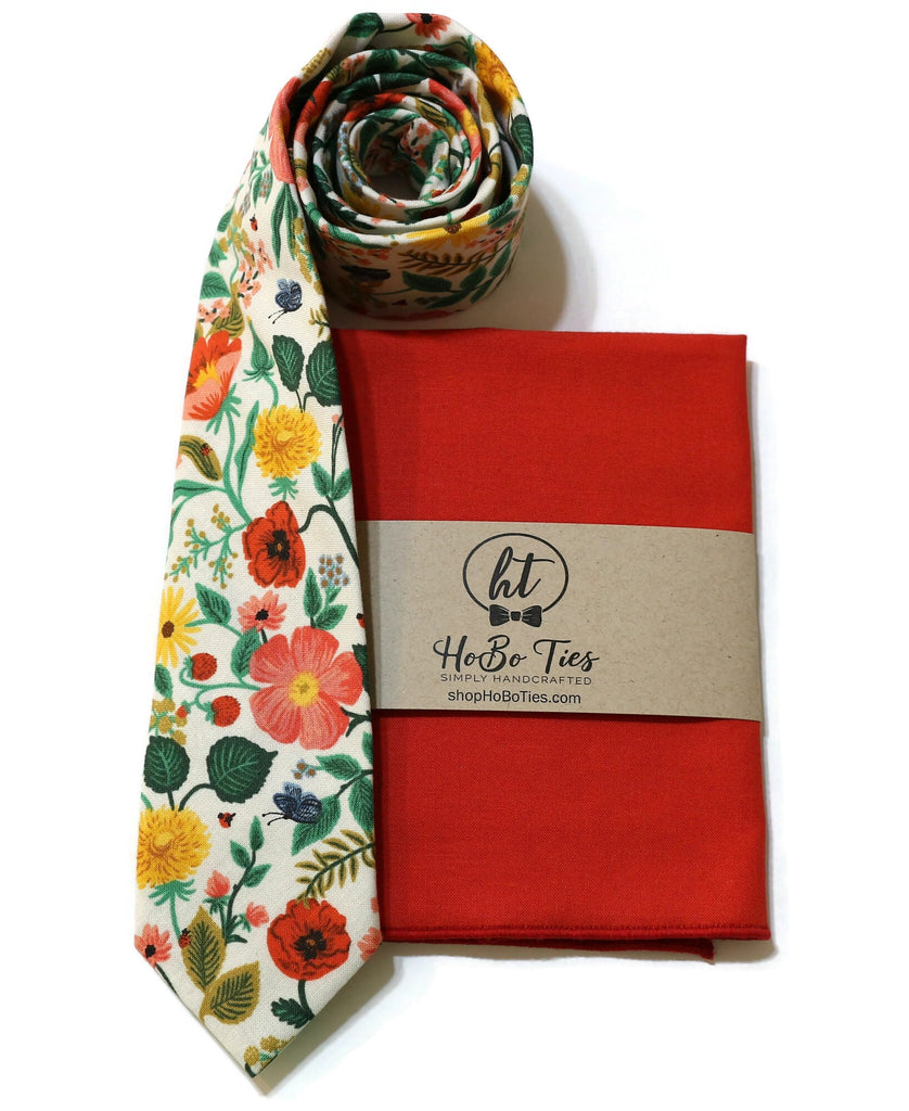Cream Poppy Fields Floral Necktie with matching pocket square, handcrafted neckties for men, unique floral accessories.