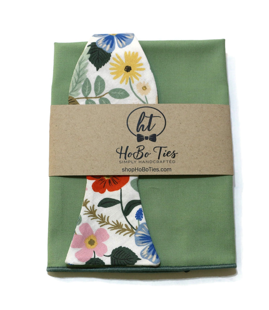 Ivory Strawberry Fields Floral Bow Tie presented with a green pocket square and handcrafted packaging from Hobo Ties.