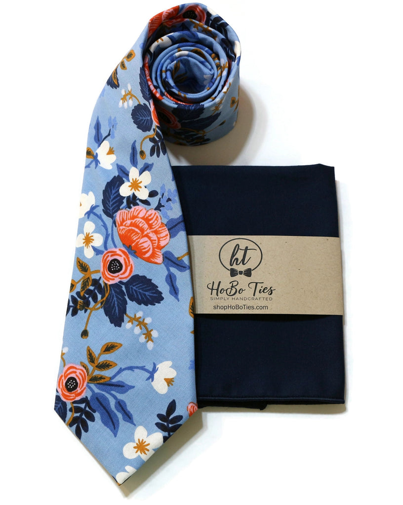 Periwinkle Birch Floral Necktie with matching pocket square, handcrafted neckties for men, unique floral patterns.