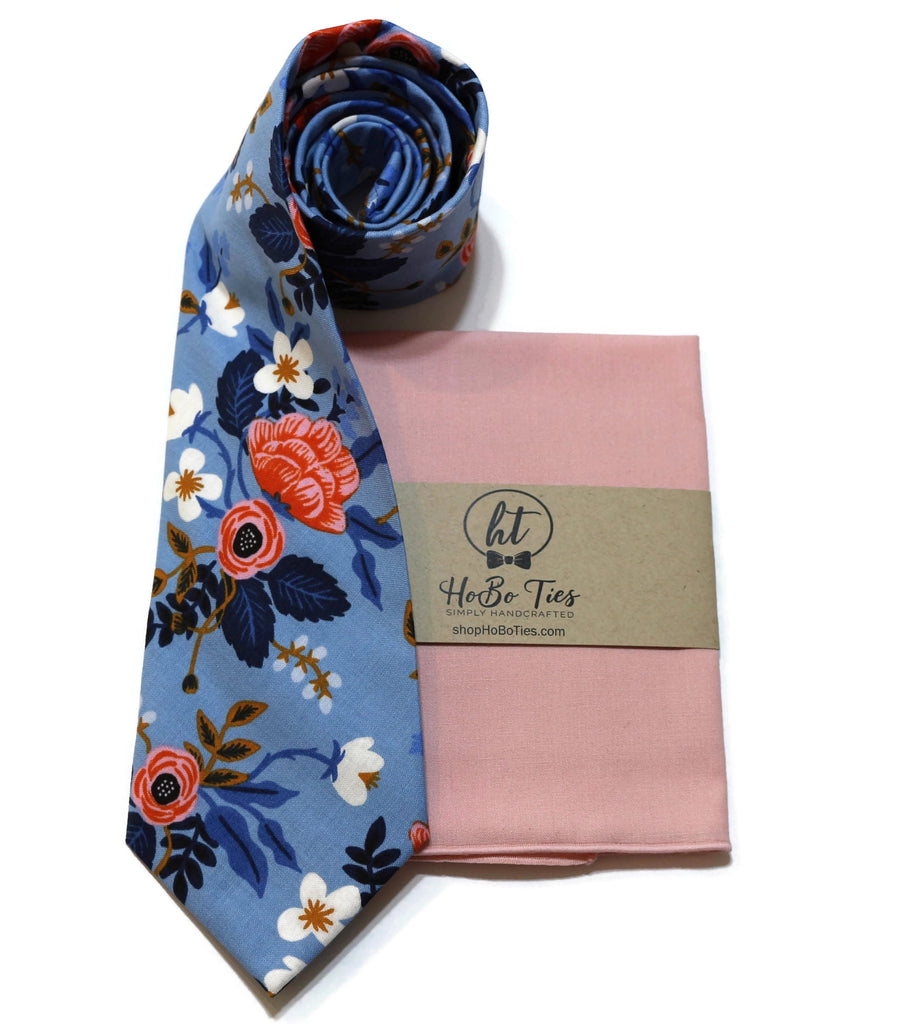 Periwinkle Birch Floral Necktie with matching pocket square from Hobo Ties, perfect for weddings and formal wear.