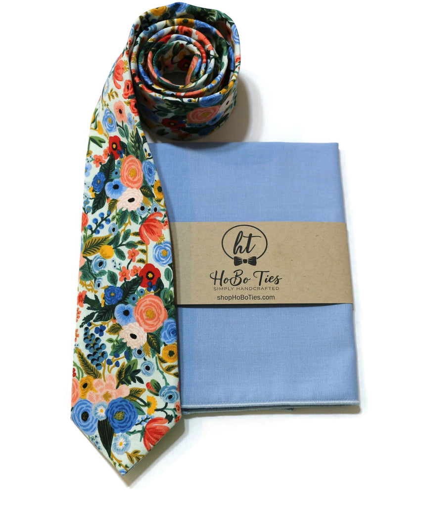 Mint Blue Garden Party Petite Floral Necktie paired with a solid light blue pocket square, handcrafted neckties by HoBo-Ties.