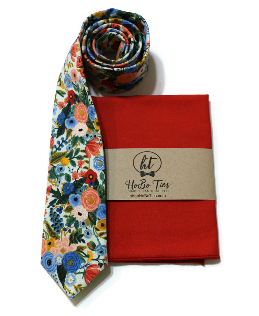 Mint Blue Garden Party Petite Floral Necktie with matching pocket square and floral design.
