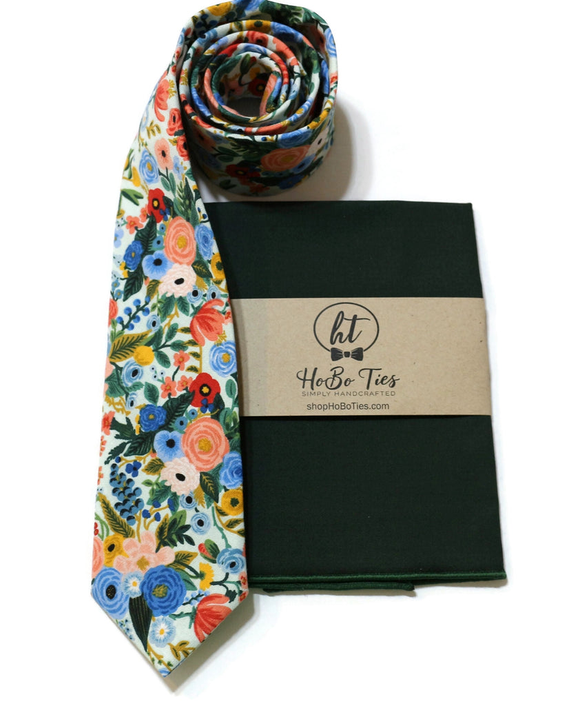 Mint Blue Garden Party Petite Floral Necktie with matching pocket square, handcrafted neckties and wedding accessories.