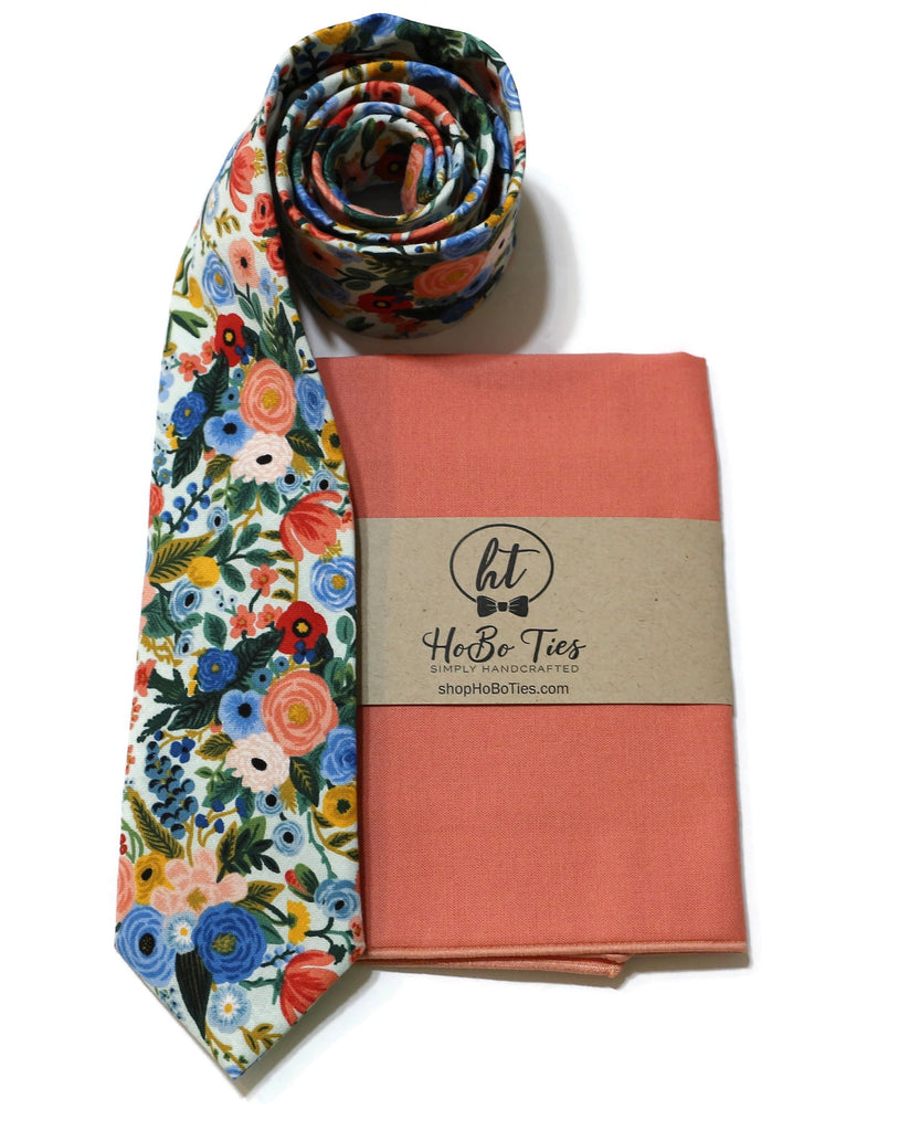 Mint Blue Garden Party Petite Floral Necktie alongside a matching pocket square, perfect for men's formal wear accessories.