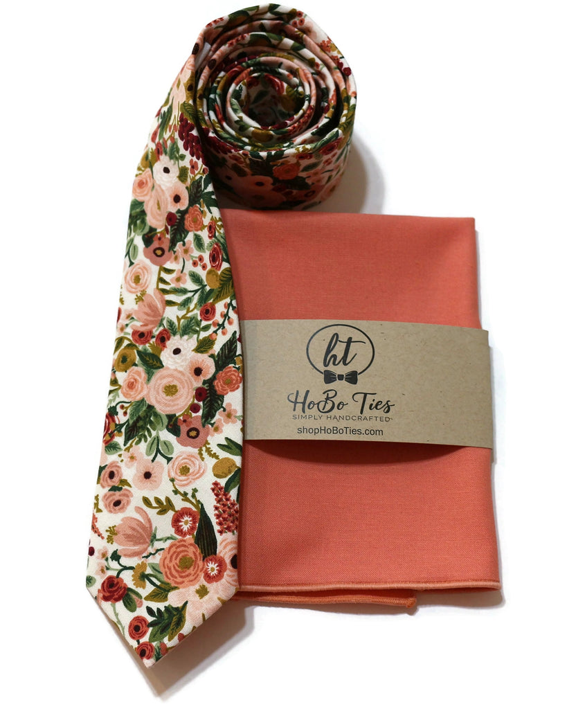 Rose Garden Party Petite Floral Necktie with matching pocket square, handcrafted neckties, unique floral patterns, made in USA.