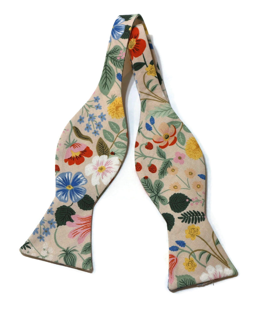 Blush Strawberry Fields Floral Bow Tie, handcrafted neckties, handmade bow ties, unique floral pattern for men's accessories.