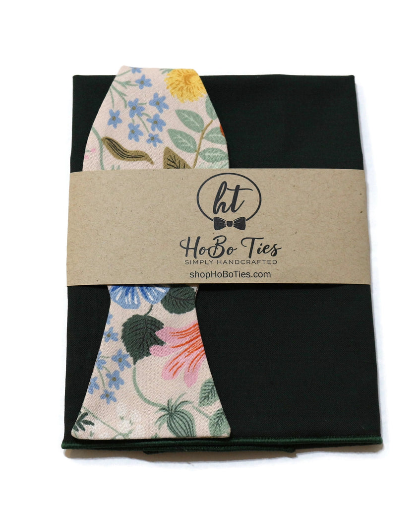 Blush Strawberry Fields Floral Bow Tie with floral pattern and packaging by HoBo Ties, handcrafted neckwear for men.