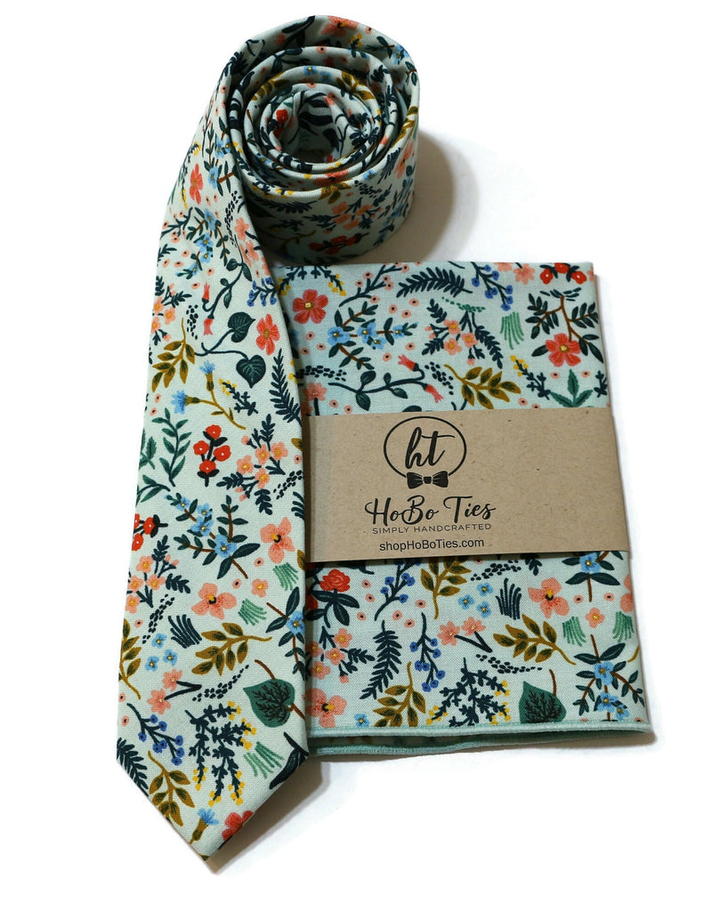 Mint Metallic Wildwood Floral Necktie, handcrafted neckties, unique floral pattern, handmade men's accessories USA, stylish formal wear.
