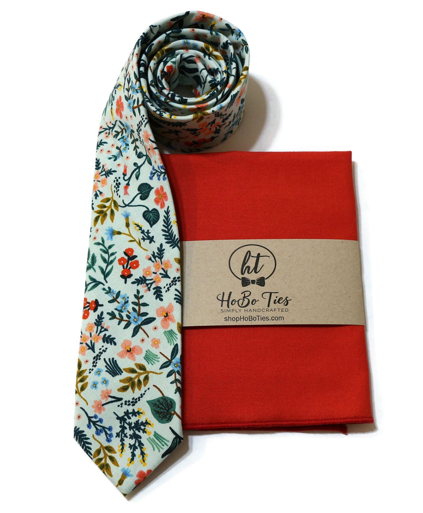 Mint Metallic Wildwood Floral Necktie paired with a matching pocket square, perfect for weddings and formal wear accessories for men.