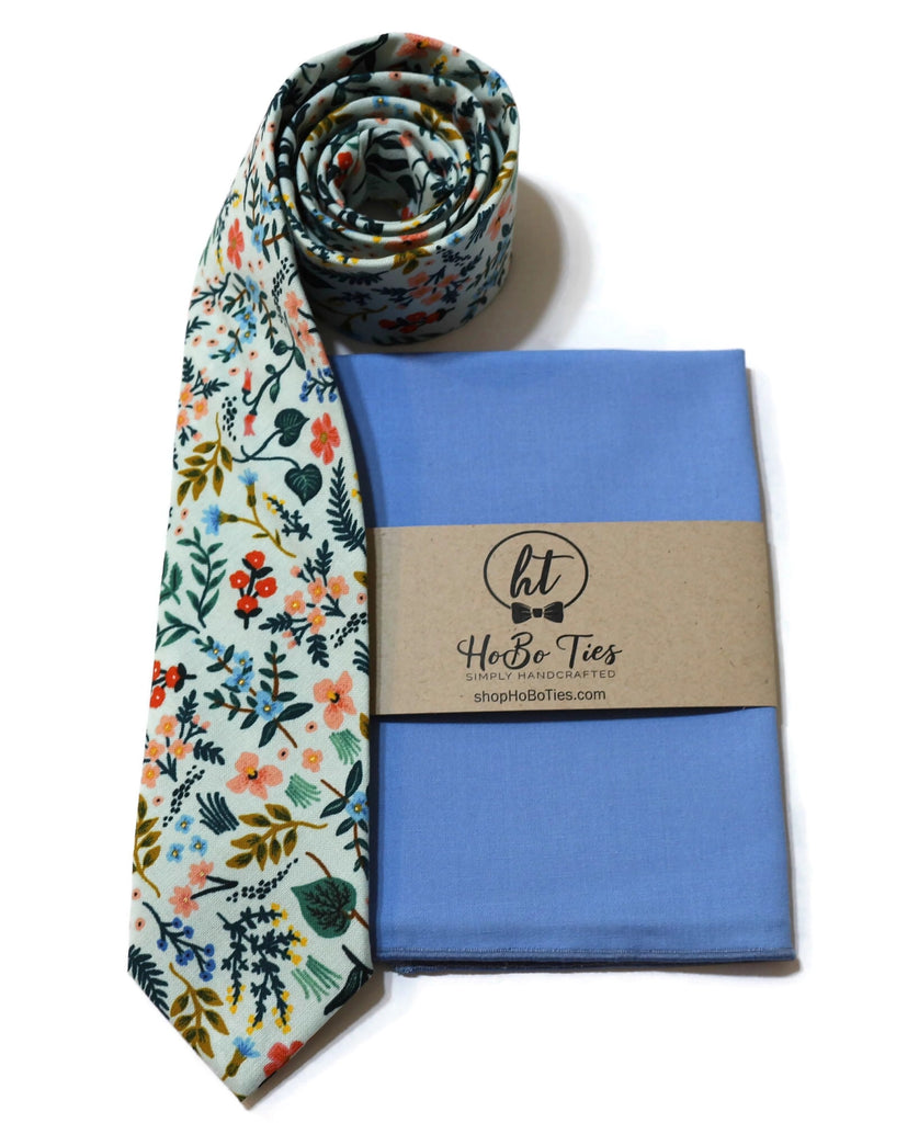 Mint Metallic Wildwood Floral Necktie and coordinating pocket square for men, handcrafted neckties and accessories.
