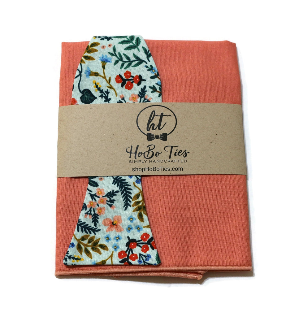 Mint Metallic Wildwood Floral Bow Tie displayed with matching pocket square, handcrafted neckties for men and boys.