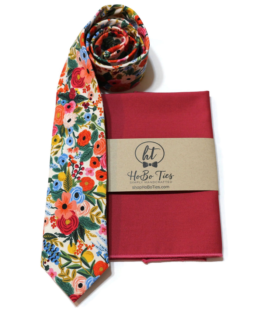 Cream Garden Party Petite Floral Necktie with coordinating pocket square for wedding accessories for men.