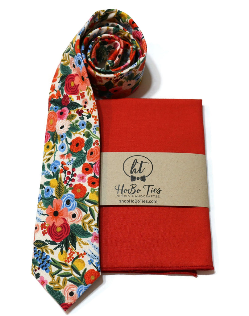 Cream Garden Party Petite Floral Necktie with matching pocket square, handcrafted neckties for men, floral necktie accessories.