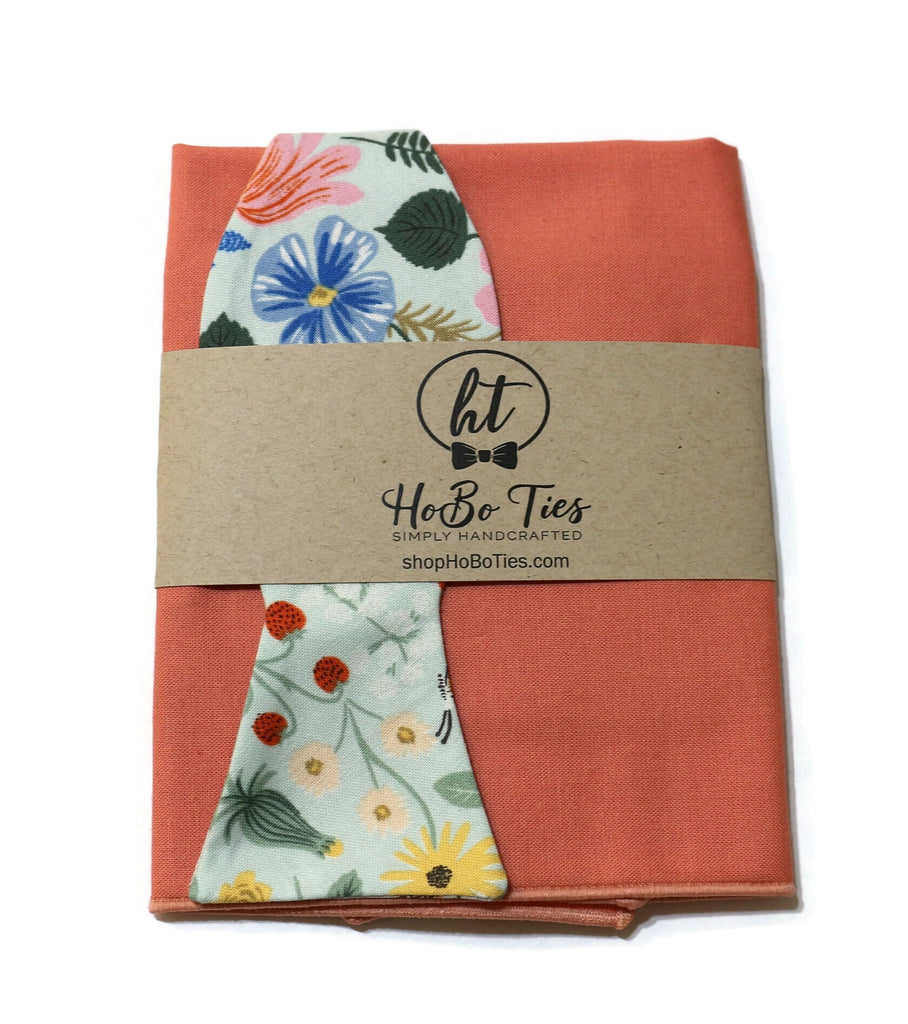 Mint Strawberry Fields Floral Bow Tie and pocket square set by HoBo Ties, handcrafted neckties and handmade bow ties.