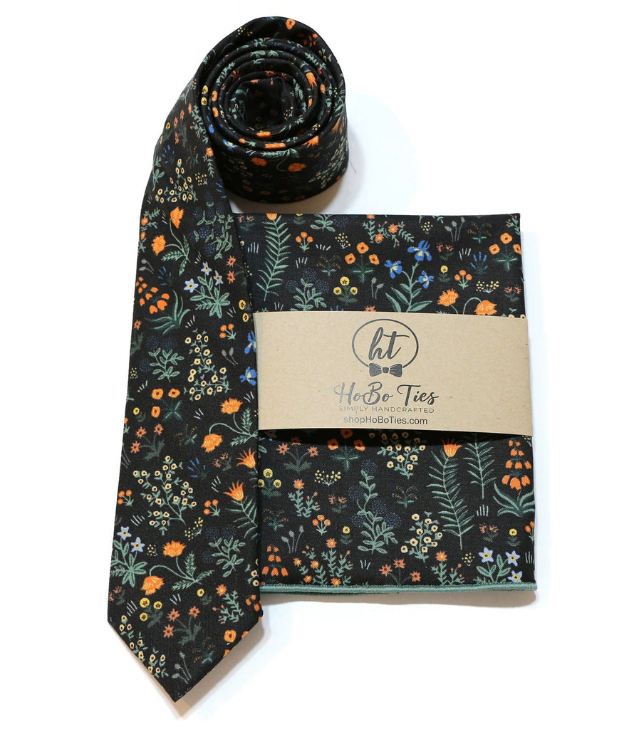 Black Menagerie Garden Floral Necktie with matching pocket square, handcrafted neckties for men.