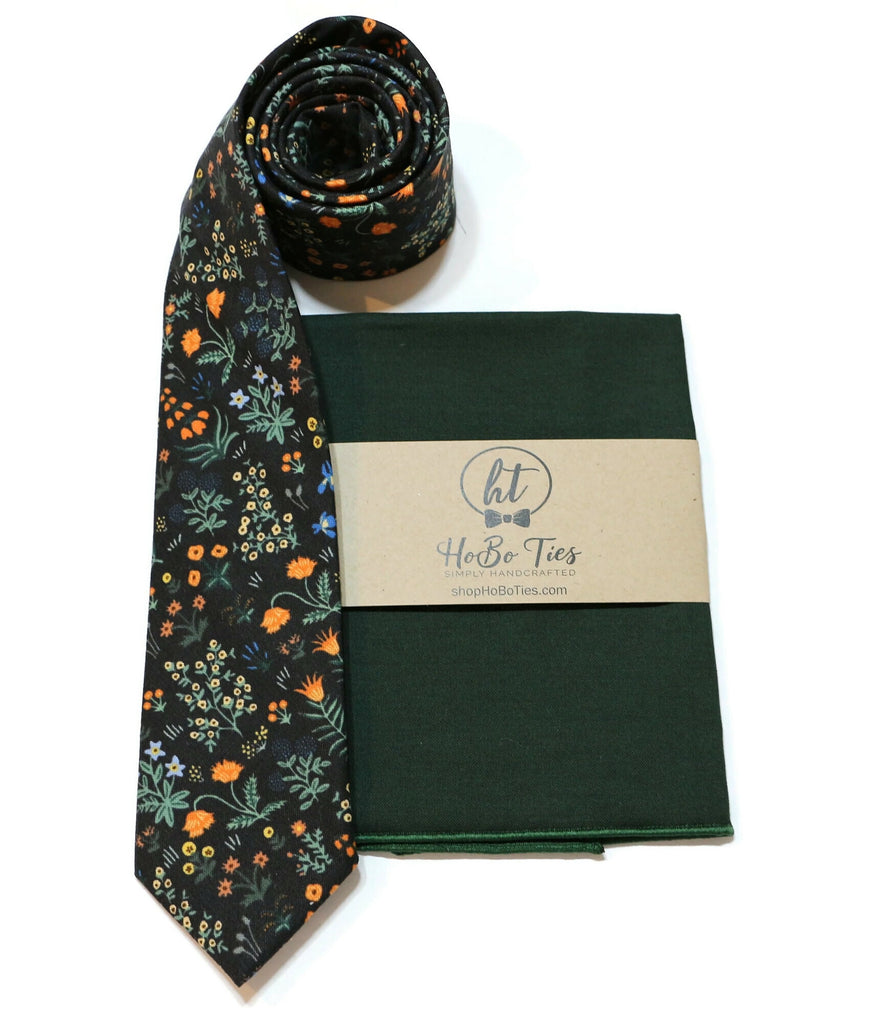 Black Menagerie Garden Floral Necktie with matching pocket square, handcrafted neckties for men and boys, unique floral design.