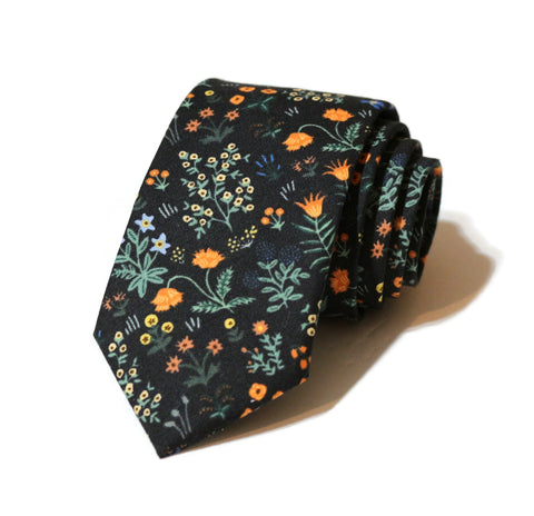Black Menagerie Garden Floral Necktie made from cotton, unique floral design, perfect for men’s formal wear and wedding accessories.