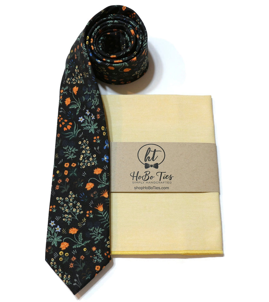Black Menagerie Garden Floral Necktie with matching pocket square, handcrafted neckties for men and boys, floral pattern neckwear.