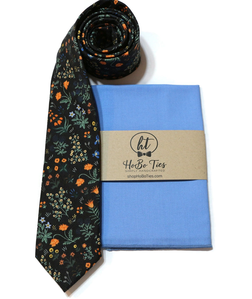 Black Menagerie Garden Floral Necktie with matching pocket square, handcrafted neckties for men, unique floral patterns.