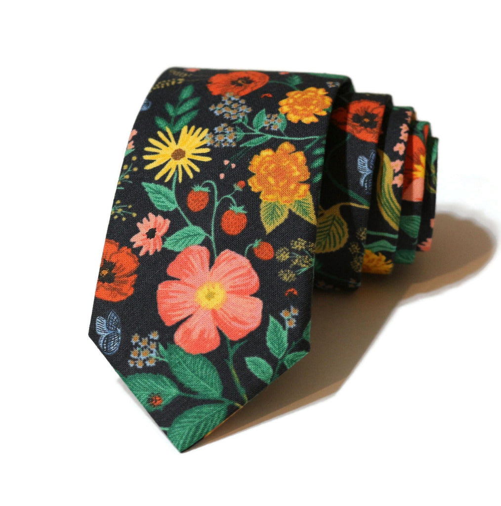 Black Poppy Fields Floral Necktie showcasing vibrant colors and floral patterns, perfect for men’s neckwear and special occasions.