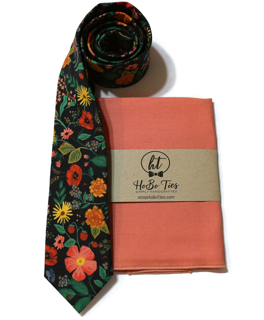 Black Poppy Fields Floral Necktie with pocket square, handcrafted neckties, and floral patterns for men and boys.