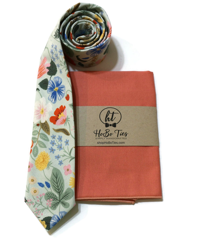 Mint Strawberry Fields Floral Necktie with matching pocket square and rolled tie, perfect for weddings and formal occasions.