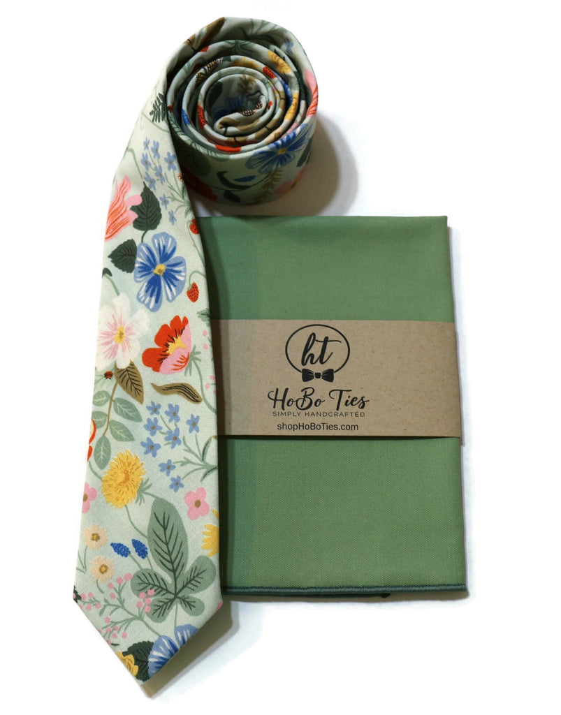 Mint Strawberry Fields Floral Necktie with matching pocket square, handcrafted neckties for men and boys, floral necktie.