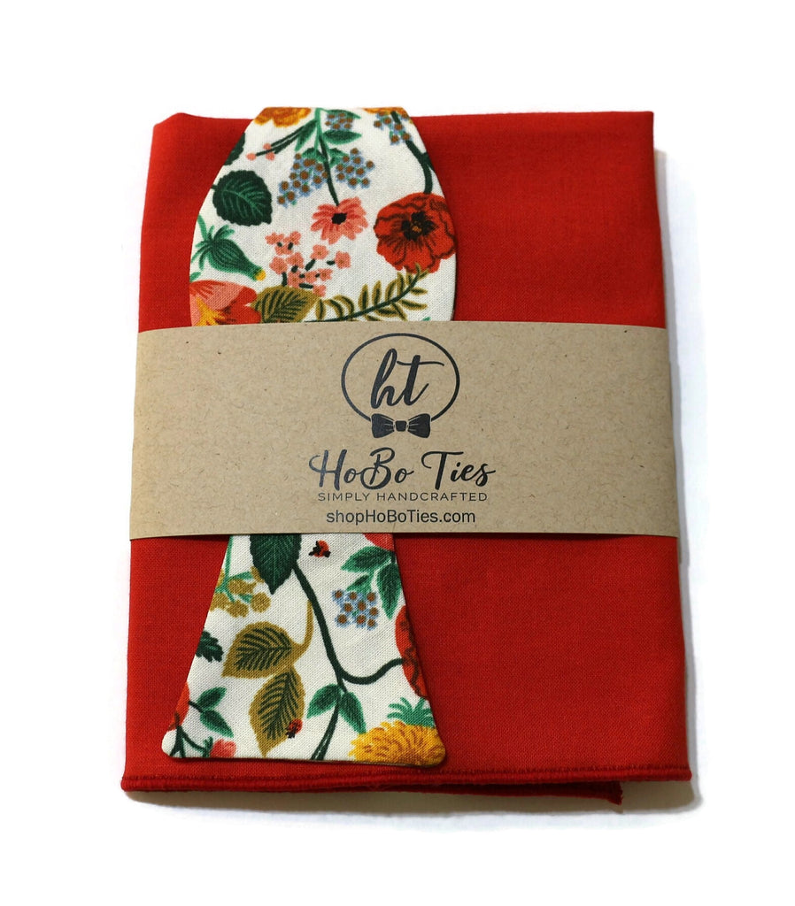 Cream Poppy Fields Floral Bow Tie with red fabric and floral pattern, handcrafted neckties and accessories for men.
