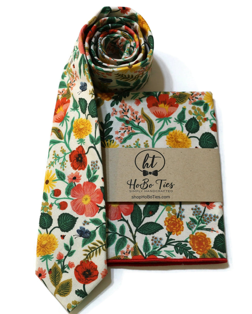 Cream Poppy Fields Floral Necktie paired with a matching pocket square, handcrafted neckties for stylish men and boys.