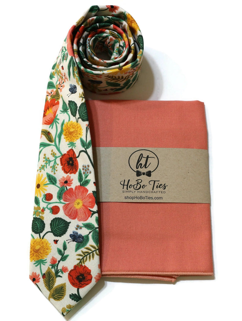 Cream Poppy Fields Floral Necktie with matching pocket square, handcrafted neckties for men and boys, floral necktie design.