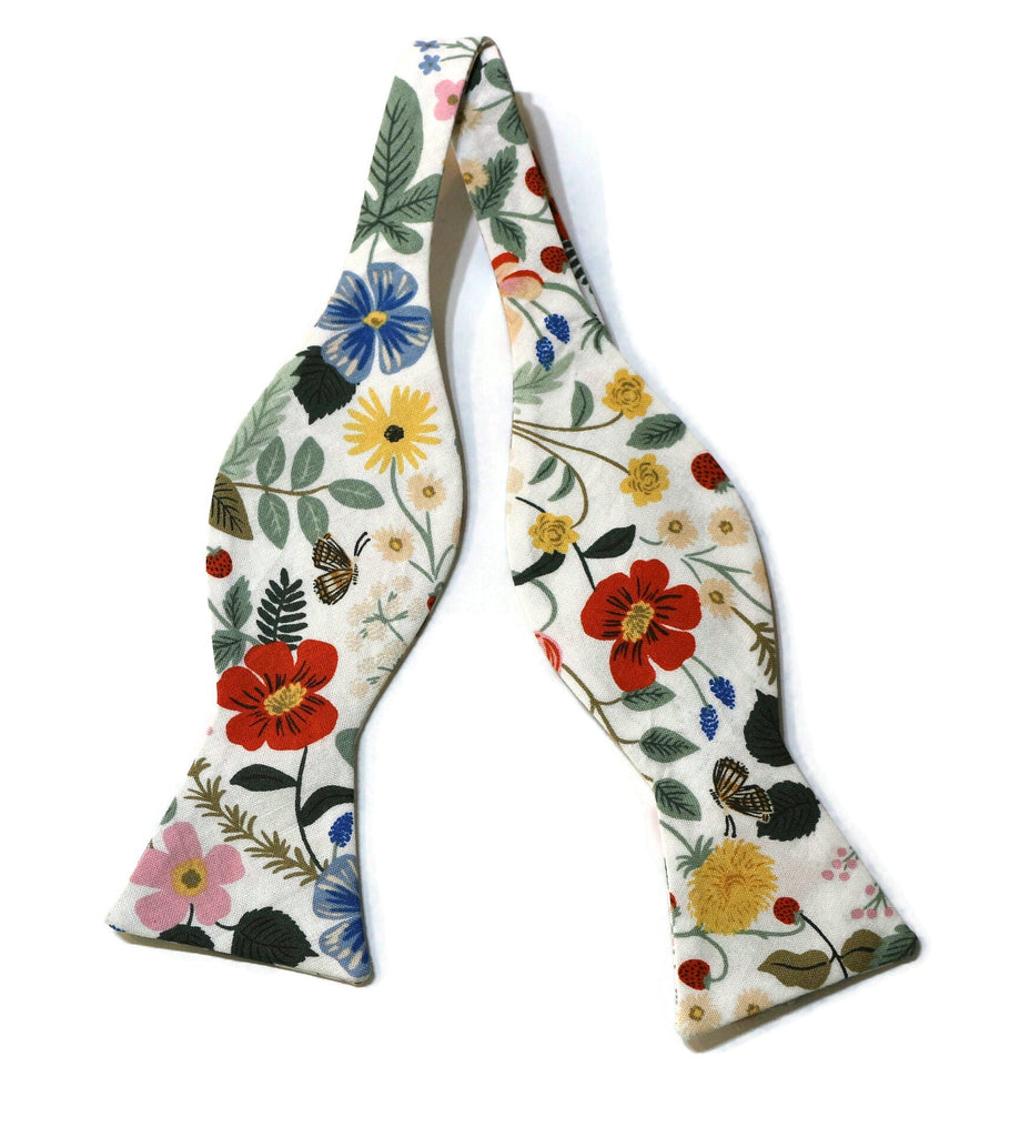 Ivory Strawberry Fields Floral Bow Tie, handcrafted neckties, handmade bow ties for men, unique floral patterns.