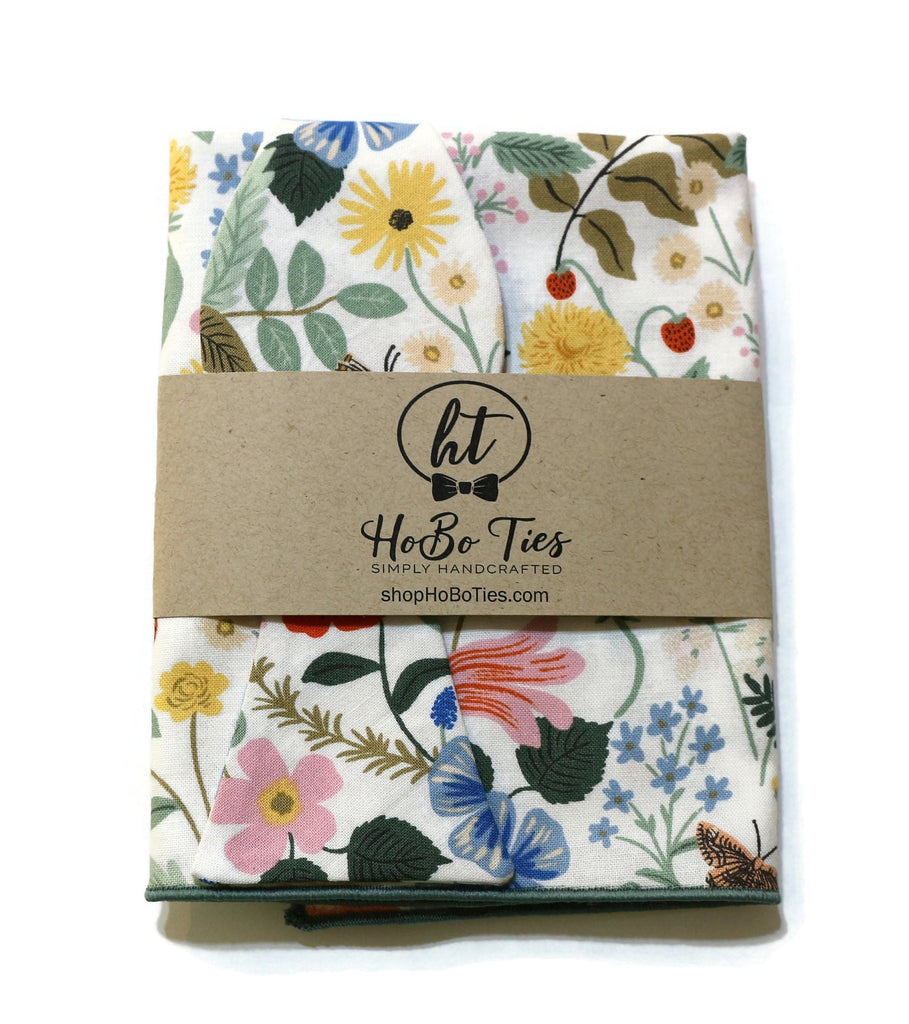 Ivory Strawberry Fields Floral Bow Tie and pocket square set, handcrafted neckties made with Rifle Paper Co fabric.