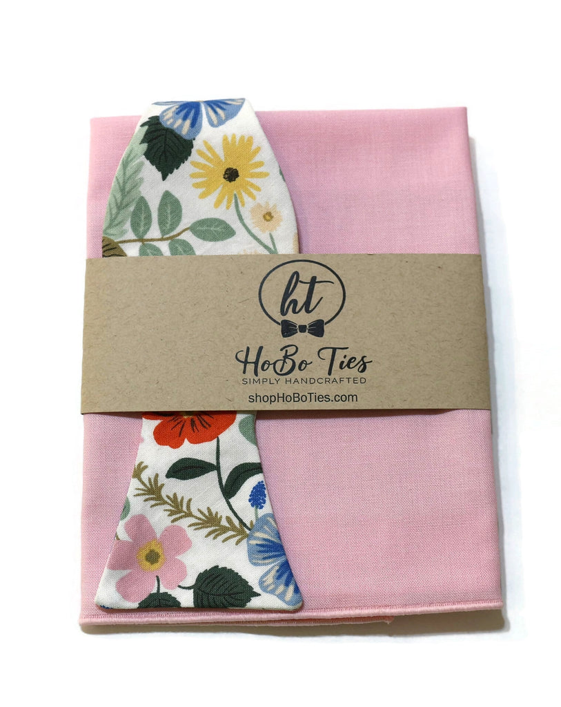 Ivory Strawberry Fields Floral Bow Tie with coordinating pocket square for men's formal wear accessories.