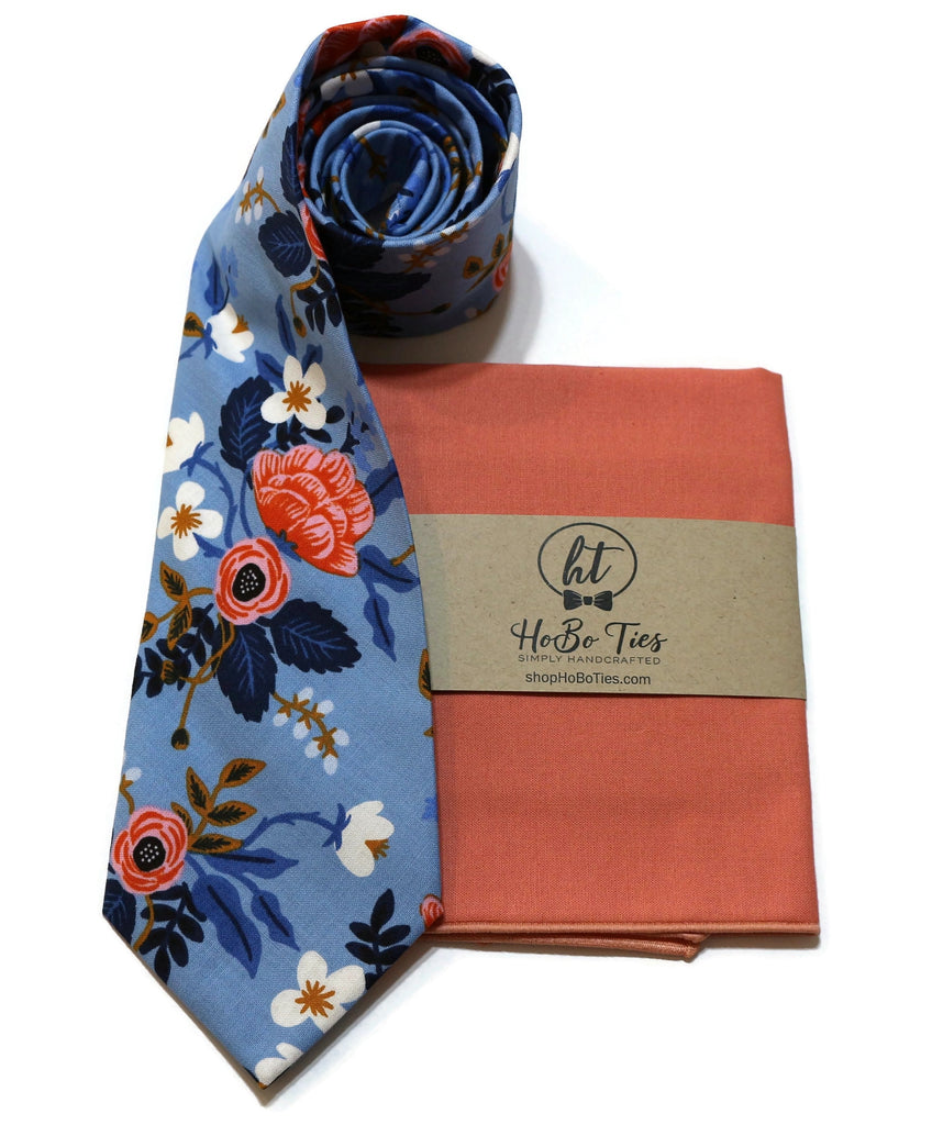 Periwinkle Birch Floral Necktie with matching pocket square, handcrafted neckties for men, perfect wedding accessories.