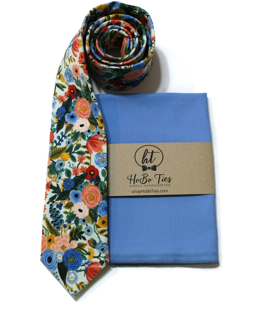 Mint Blue Garden Party Petite Floral Necktie with matching pocket square, handcrafted neckties and accessories for men.