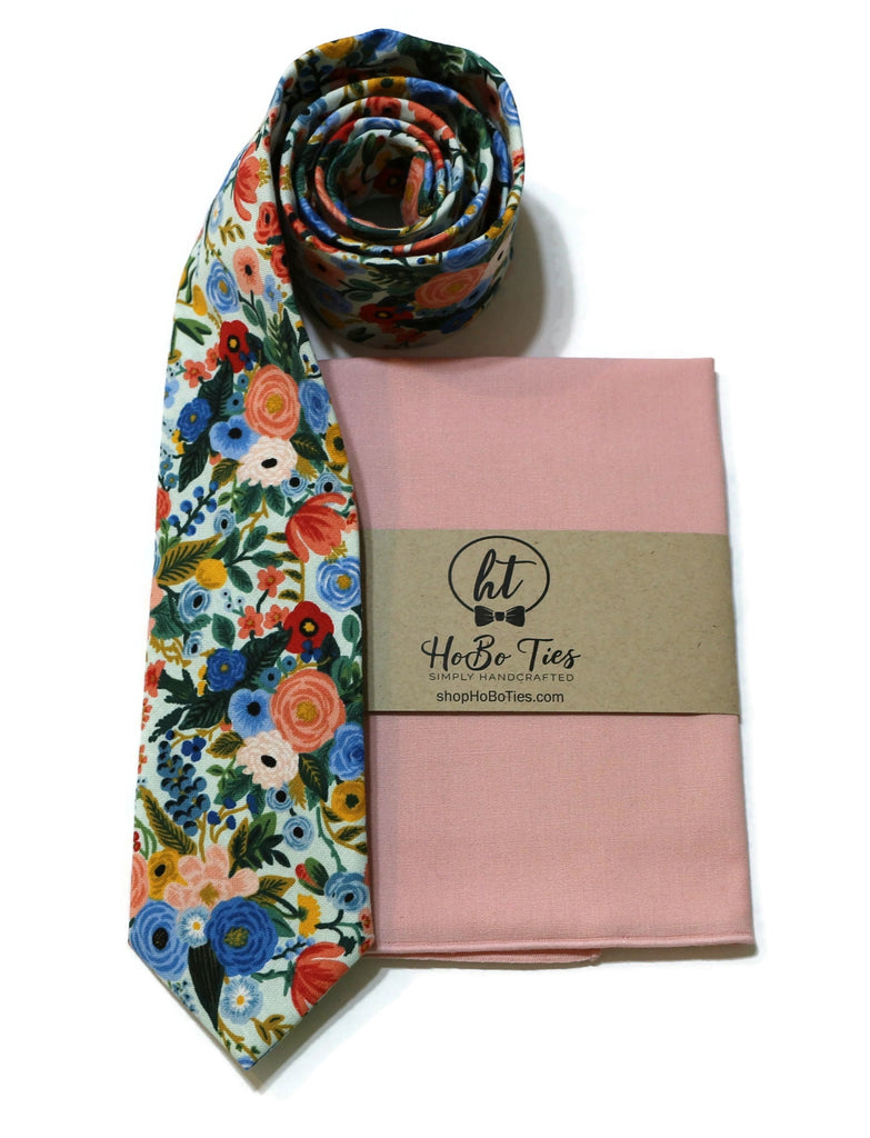 Mint Blue Garden Party Petite Floral Necktie with matching pocket square, handcrafted neckties for men, floral accessories.