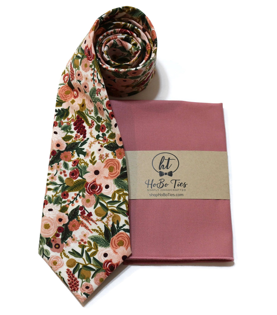 Rose Garden Party Petite Floral Necktie with matching pocket square, featuring floral patterns, handmade neckties and accessories.