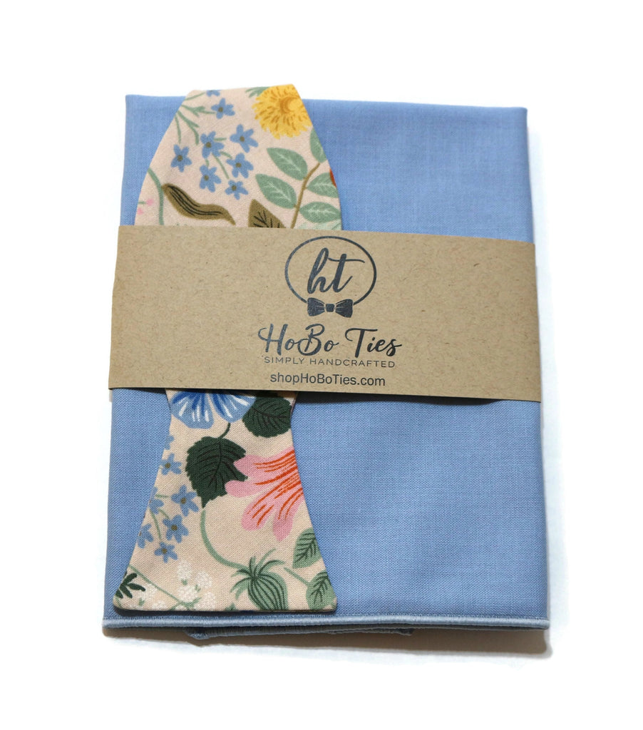 Blush Strawberry Fields Floral Bow Tie with matching pocket square, handmade men’s accessories USA.