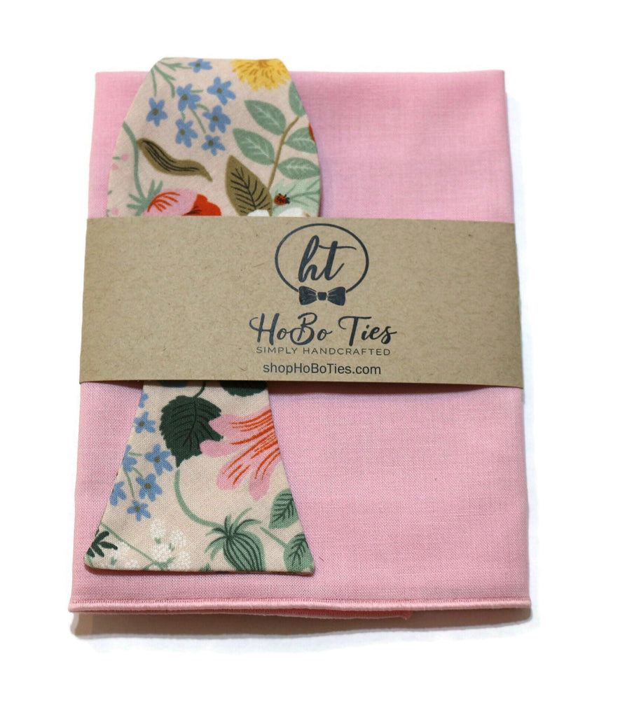 Blush Strawberry Fields Floral Bow Tie with matching pink pocket square, handcrafted unique men’s accessories, floral neckties.