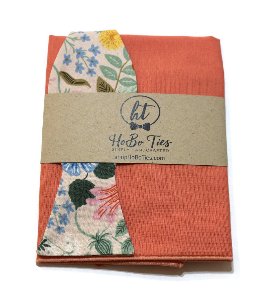 Blush Strawberry Fields Floral Bow Tie and matching pocket square with floral patterns, handcrafted neckties for men.