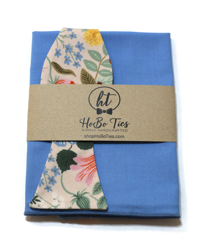 Blush Strawberry Fields Floral Bow Tie with blue pocket square, handcrafted neckties from HoBo Ties.