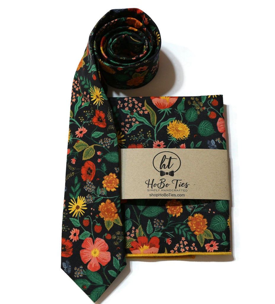Black Poppy Fields Floral Necktie with floral design, perfect for men's formal wear and unique bow tie patterns.