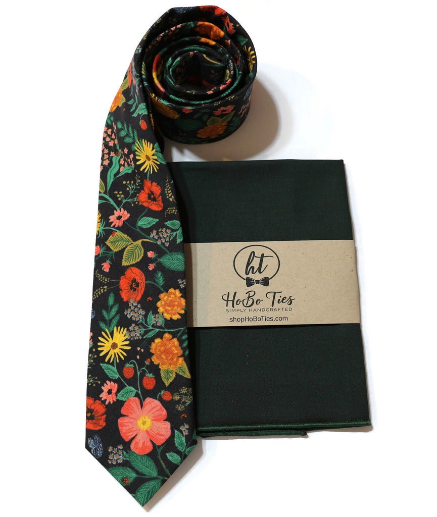 Black Poppy Fields Floral Necktie with matching pocket square, handcrafted neckties for men and boys, floral neckwear.