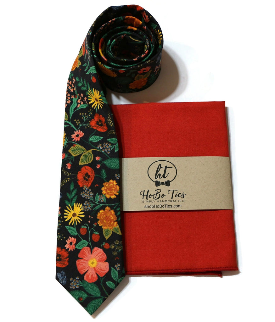 Black Poppy Fields Floral Necktie with matching pocket square, handcrafted neckties for men and boys.