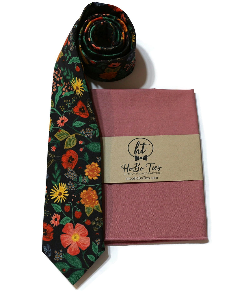 Black Poppy Fields Floral Necktie paired with a matching pocket square, handcrafted neckties for men and boys.