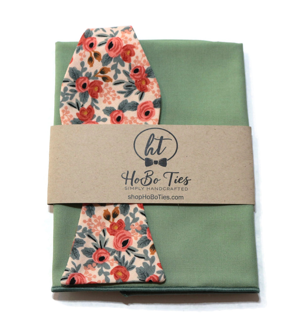 Peach Rosa Floral Bow Tie with matching pocket square, handcrafted neckties and unique bow tie patterns for men.